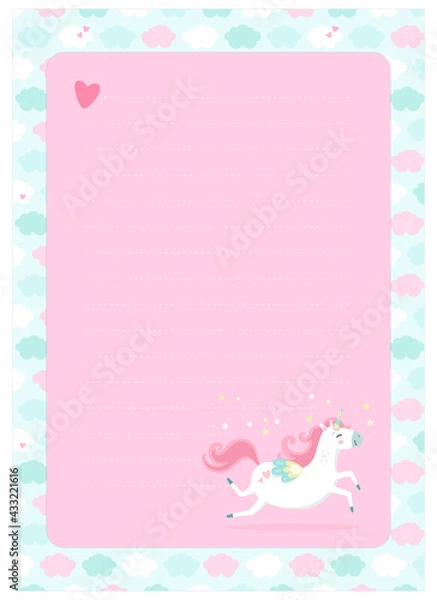 Obraz Letter, blank, wish list, page for notes in childish style in unicorn theme. Vector template suitable for to do list, party invitation and cute letter for postcrossing. 