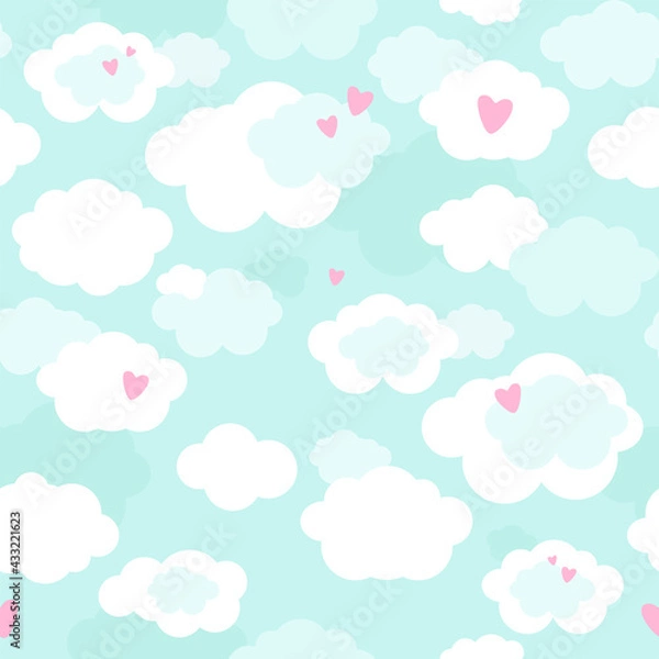 Obraz Cute seamless pattern with clouds in pastel colors. Great for baby fabric, textile, wallpaper, nursery room, scrapbooking or wrapping paper, party decoration. Kids cartoon vector background. 