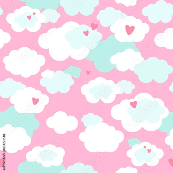 Obraz Cute seamless pattern with clouds in pastel colors. Great for baby fabric, textile, wallpaper, nursery room, scrapbooking or wrapping paper, party decoration. Kids cartoon vector background. 