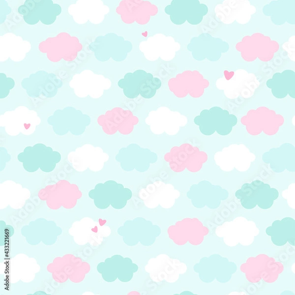 Obraz Cute seamless pattern with clouds in pastel colors. Great for baby fabric, textile, wallpaper, nursery room, scrapbooking or wrapping paper, party decoration. Kids cartoon vector background. 