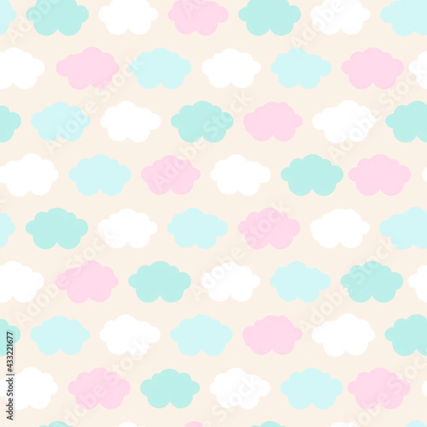 Obraz Cute seamless pattern with clouds in pastel colors. Great for baby fabric, textile, wallpaper, nursery room, scrapbooking or wrapping paper, party decoration. Kids cartoon vector background. 