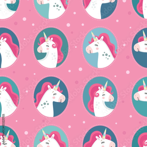 Obraz Cute seamless pattern with unicorns. Great for wrapping paper, baby fabric, textile, wallpaper, nursery room, scrapbooking or party decoration. Kids cartoon vector background. 