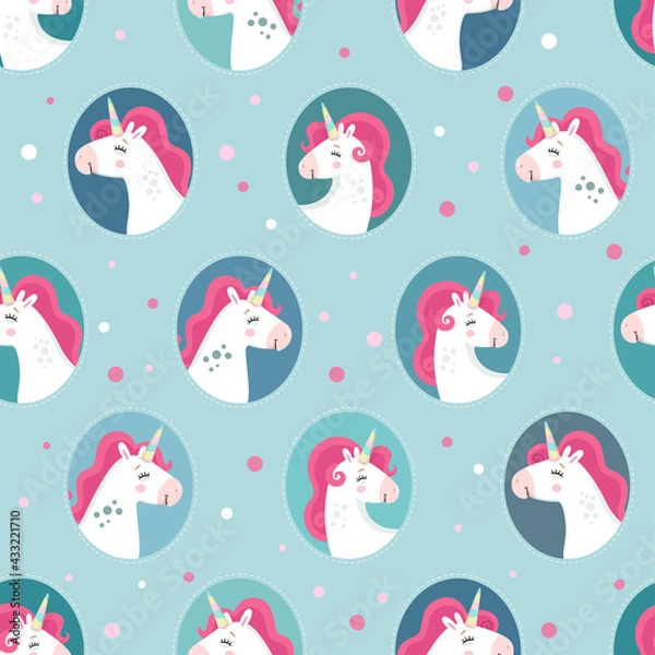 Fototapeta Cute seamless pattern with unicorns. Great for wrapping paper, baby fabric, textile, wallpaper, nursery room, scrapbooking or party decoration. Kids cartoon vector background. 