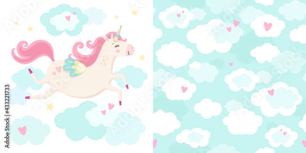 Obraz Set of cute magical unicorn and seamless pattern. Little princess theme. Vector hand drawn illustration. Great for kids party, greeting card, invitation, print for apparel, nursery room, wallpaper 