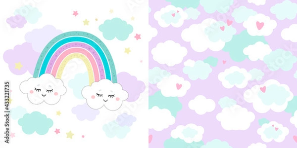 Obraz Set of cute magical unicorn and seamless pattern. Little princess theme. Vector hand drawn illustration. Great for kids party, greeting card, invitation, print for apparel, nursery room, wallpaper 