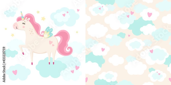 Fototapeta Set of cute magical unicorn and seamless pattern. Little princess theme. Vector hand drawn illustration. Great for kids party, greeting card, invitation, print for apparel, nursery room, wallpaper 