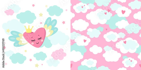 Obraz Set of cute magical unicorn and seamless pattern. Little princess theme. Vector hand drawn illustration. Great for kids party, greeting card, invitation, print for apparel, nursery room, wallpaper 