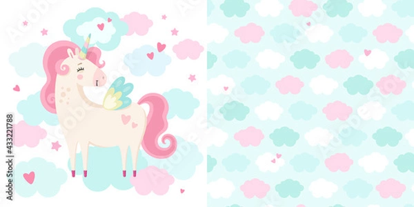 Obraz Set of cute magical unicorn and seamless pattern. Little princess theme. Vector hand drawn illustration. Great for kids party, greeting card, invitation, print for apparel, nursery room, wallpaper 