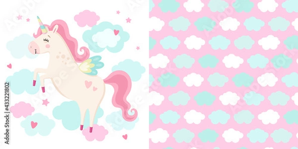 Fototapeta Set of cute magical unicorn and seamless pattern. Little princess theme. Vector hand drawn illustration. Great for kids party, greeting card, invitation, print for apparel, nursery room, wallpaper 