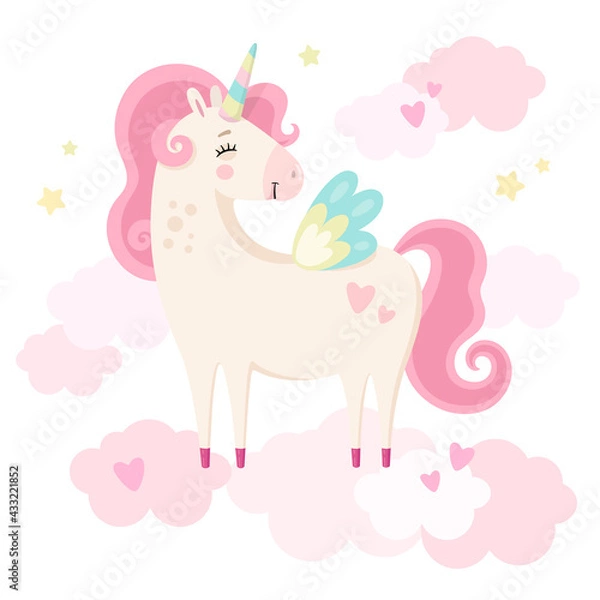 Fototapeta Cute magical unicorn in pink clouds. Little princess theme. Vector hand drawn illustration. Beautiful fantasy cartoon animal. Great for kids party, greeting cards, invitation, print for apparel, book