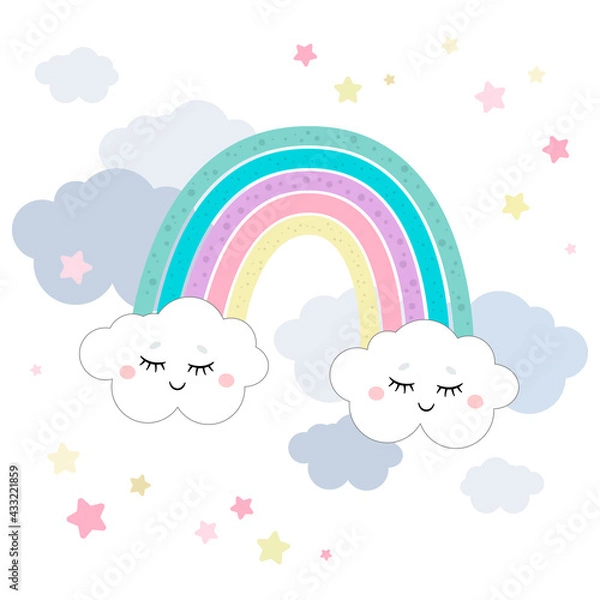 Obraz Cute magical rainbow and clouds in unicorn theme or little princess theme. Vector hand drawn illustration. Great for kids party, greeting cards, invitation, print for apparel, book illustration 