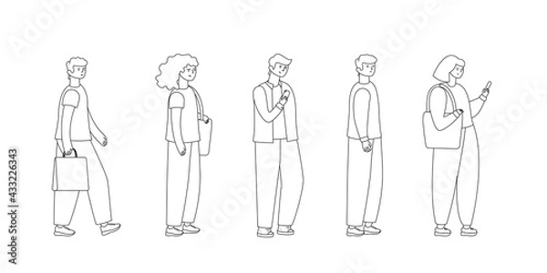 Fototapeta Full length of cartoon people standing in line against outline