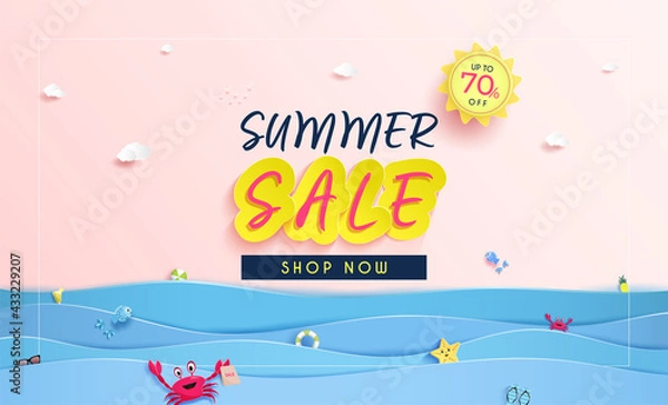 Fototapeta Summer sale Banner invitation design. and background with characters of various marine animals.and Panorama sea view in the summer. and the pattern of water waves with paper cut or Origami. 