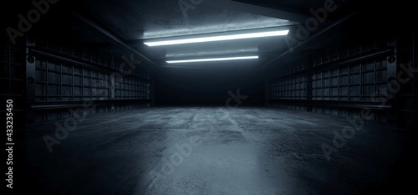 Obraz Ciemne betonowe białe światła LED podziemne korytarz korytarza Tunel Cement Asphalt korytarz magazynowy korytarz metalowy Struktura realistyczna pusta rendering 3D