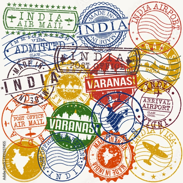 Fototapeta Varanasi India Set of Stamps. Travel Stamp. Made In Product. Design Seals Old Style Insignia.