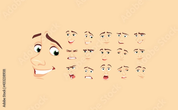 Fototapeta Male abstract cartoon face expression variations, emotions collection set #1, vector illustration