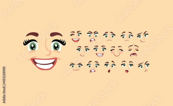 Fototapeta Female abstract cartoon face expression variations, emotions collection set, vector illustration