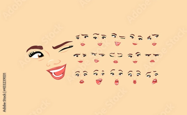 Fototapeta Female abstract cartoon face expression variations, emotions collection set #1, vector illustration