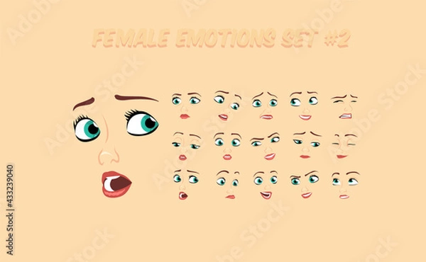 Fototapeta Female abstract cartoon face expression variations, emotions collection set #2, vector illustration