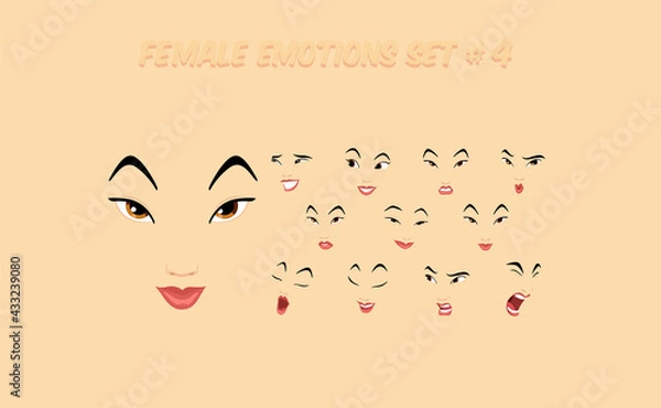 Fototapeta Asian female abstract cartoon face expression variations, emotions collection set #4, vector illustration
