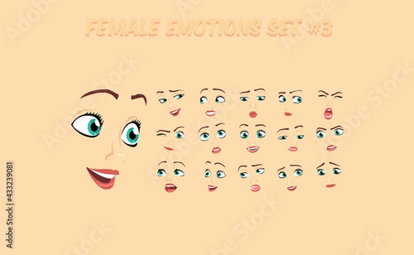 Fototapeta Female abstract cartoon face expression variations, emotions collection set #3, vector illustration
