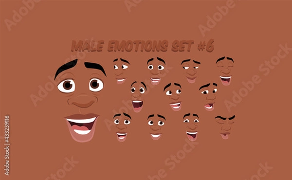 Fototapeta African American Male abstract cartoon face expression variations, emotions collection set #6, vector illustration