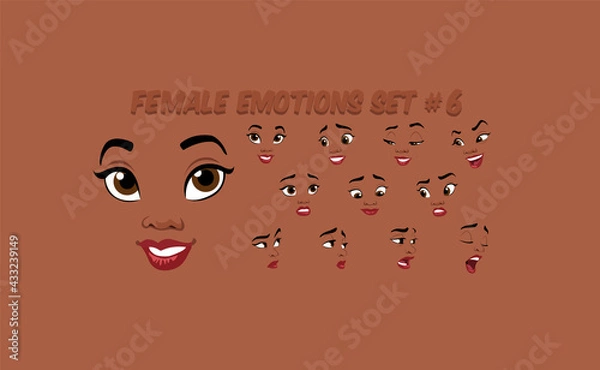 Fototapeta African Female abstract cartoon face expression variations, emotions collection set #6, vector illustration