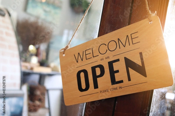 Obraz "Open" Wooden sign board hanging on door at entrance of cafe