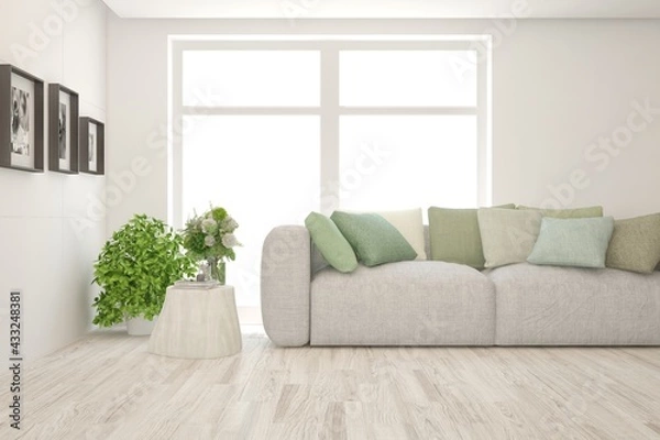 Fototapeta White living room with sofa. Scandinavian interior design. 3D illustration