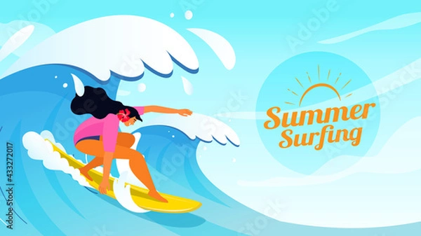 Fototapeta Summer Surfing banner poster design. female surfer riding wave vector illustration