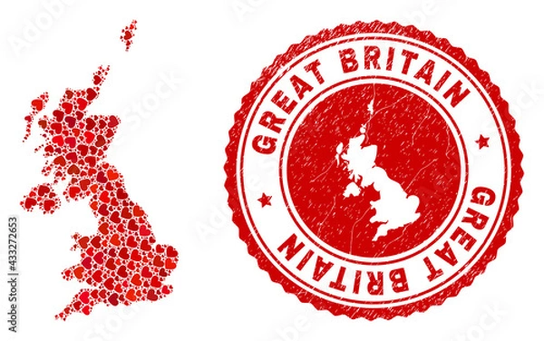 Fototapeta Mosaic United Kingdom map created with red love hearts, and rubber seal stamp. Vector lovely round red rubber seal imitation with United Kingdom map inside.