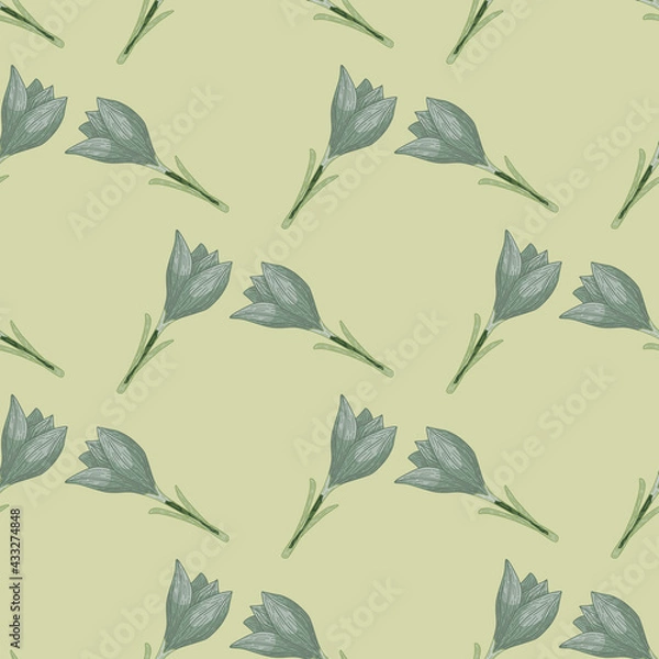 Fototapeta Pale blue seamless pattern with contoured outline crocus flower ornament. Light beige background. Simple style.