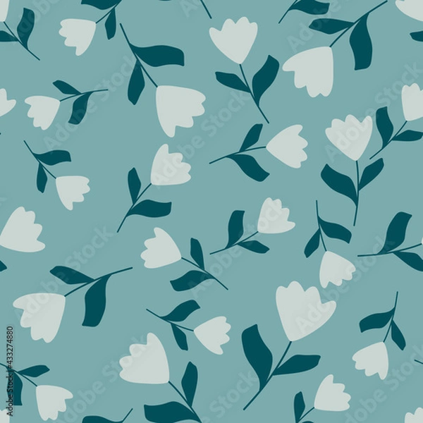 Fototapeta Seamless pattern with random tulip flower hand drawn ornament. Blue palette botanic artwork.