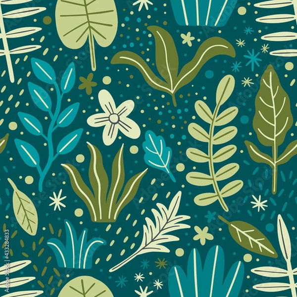 Fototapeta Seamless pattern leaves plant green color.Floral motif nature abstract print.Modern summer background.