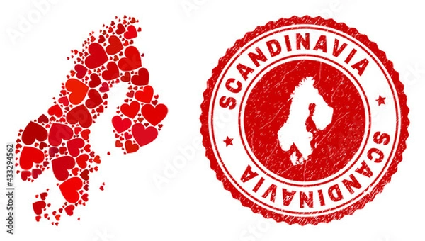 Fototapeta Mosaic Scandinavia map created with red love hearts, and rubber seal stamp. Vector lovely round red rubber seal imitation with Scandinavia map inside.