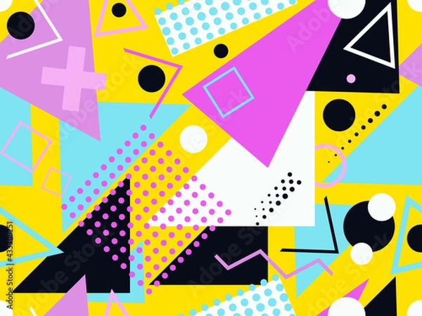 Fototapeta Memphis seamless pattern. Geometric elements memphis in the style of 80's. Trendy retro background for printing on paper, advertising materials and fabric. Vector illustration