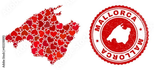 Fototapeta Mosaic Mallorca map designed from red love hearts, and rubber stamp. Vector lovely round red rubber stamp imitation with Mallorca map inside.