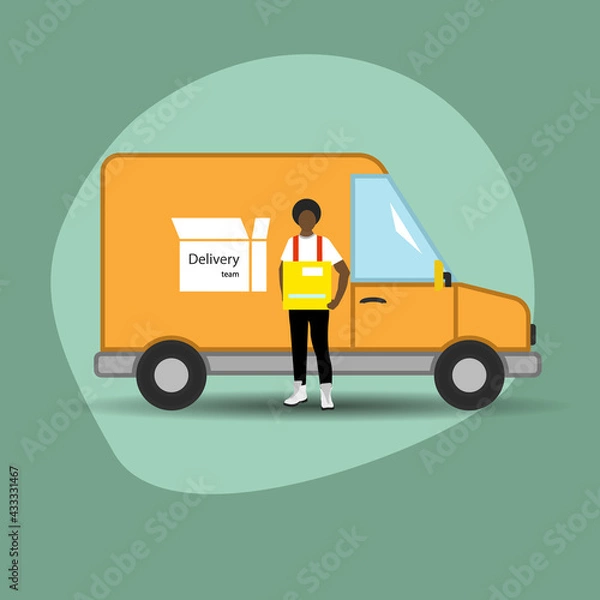 Fototapeta Courier parcel delivery service. A man holds a delivery box. Delivery car. Postman at work. Vector illustration. EPS.
