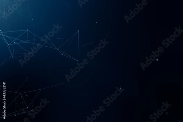 Fototapeta Abstract connected dots and lines on black background. Communication and technology network concept with moving lines and dots