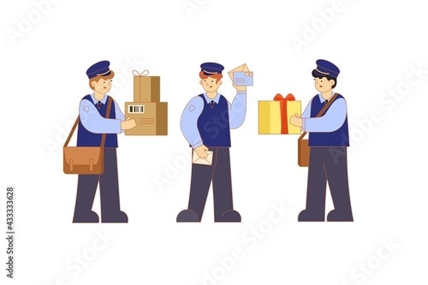 Obraz Mailman in uniform and with a bag for letters. Postmen hold parcels, envelopes and boxes. Post office. Vector isolated
