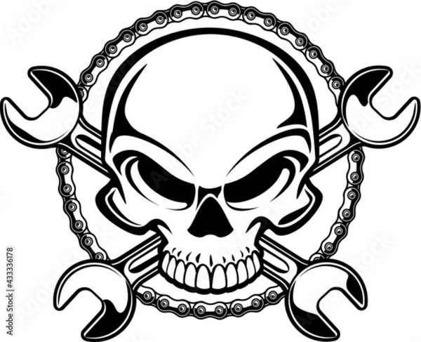 Fototapeta human skull with crossing wrenches and pistons