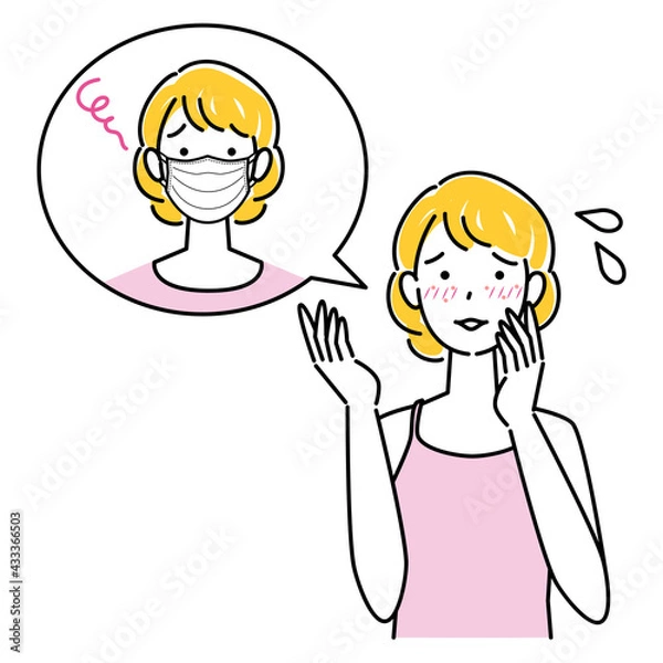 Fototapeta スキンケア マスクの着用が原因で肌荒れになった女性 イラスト シンプル ベクター