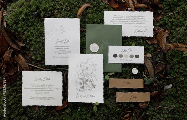Obraz A set of wedding invitations in boho style with calligraphy. Postcard, envelope and card on wedding printing on the background with grass and moss.