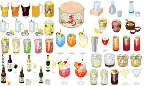 Obraz お酒・カクテルの人気メニューアイコン①（ビール、日本酒、ワイン、サワー、ハイボール）