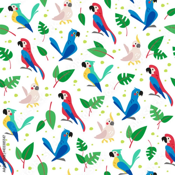 Obraz Seamless pattern with exotic birds, parrots and leaves isolated on white background. Vector flat illustration. For packaging design, wrapping paper etc.