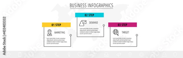 Fototapeta Vector line infographic template label for three colorful rectangle labels. Business concept with 6 elements and icons. Modern blank space for chart, content, step for step, timeline, diagram, web
