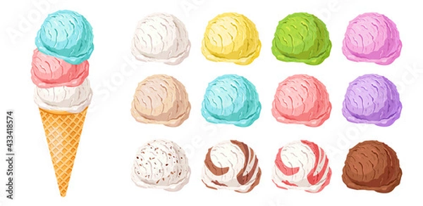 Obraz Ice cream constructor.Different colorful scoops and waffle cone for create your own.Set of various flavors: vanilla, strawberry, chocolate.Tasty summer dessert vector illustration.