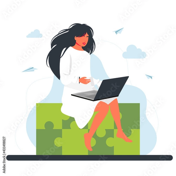 Fototapeta Woman Sitting on Huge Jigsaw Puzzle Element. Business concept. .Creative Idea Integration, Problem and Task Solution in Business Concept. working woman sitting with a laptop. Freelance remote work