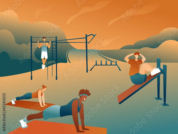 Fototapeta A couple of men and women at a workout in the park in summer clothes are engaged on sports mats. A man pumps abs on the simulator. The guy pulls himself up on the uneven bars. 