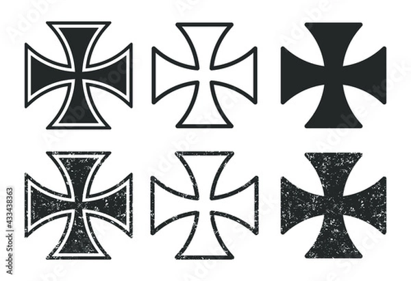Fototapeta Cross vector shape symbol with grunge texture. Christianity sign. Christian religion icon. Catholic and protestant faith logo or image. Teutonic crusader label. Gothic crusade crucifix.